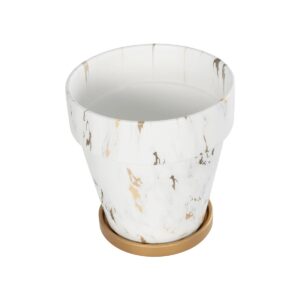 GloboStar® Artificial Garden DENPASAR 20526 Διακοσμητική Κεραμική Γλάστρα Λευκή με Χρυσό Μ20 x Π20 x Υ21 cm