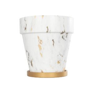 GloboStar® Artificial Garden DENPASAR 20526 Διακοσμητική Κεραμική Γλάστρα Λευκή με Χρυσό Μ20 x Π20 x Υ21 cm