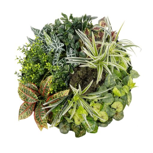 GloboStar® Artificial Garden VARIOUS PLANTS ROUND WALL DISC 20691 Τεχνητό Διακοσμητικό Στρογγυλό Πάνελ Φυλλωσιάς – Κάθετος Κήπος Μιξ Μ60 x Π60 x Υ20cm