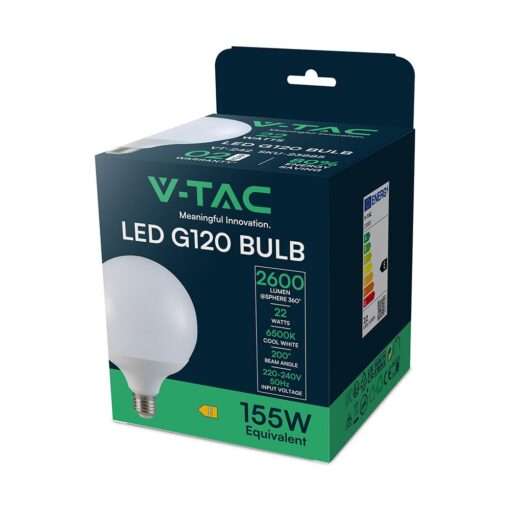 LED Λάμπα E27 Μεγάλος Γλόμπος G120 22W V-TAC 200° 2600lm 6500Κ – 23885