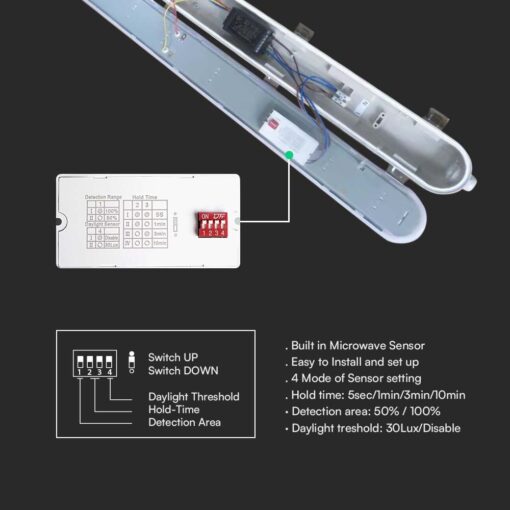 LED Αδιάβροχο IP65 Φωτιστικό Τύπου Φθορίου 48W V-TAC 150cm με Ανιχνευτή 4000K – 24015