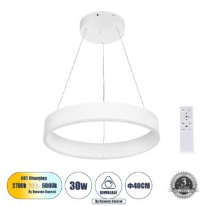 GLOBOSTAR® VENOM 61174 Μοντέρνο Κρεμαστό Φωτιστικό Οροφής LED 30W 3513lm 120° AC 220-240V IP20 Ρυθμιζόμενο Λευκό CCT με Χειριστήριο από 2700K έως 6000K Dimmable – Lumileds SMD Chip – Λευκό Ματ – Μ40 x Π40 x Υ6.5cm – 3 Χρόνια Εγγύηση