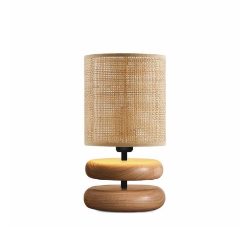 GloboStar® KLOO 204-0143 Boho Eπιτραπέζιο Φωτιστικό Μονόφωτο 1 x E14 IP20 Καφέ Ξύλο με Μπεζ Διάτρητο Ύφασμα – Μ15 x Π15 x Υ35cm