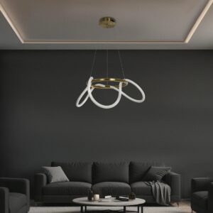 kelvo® GLOW 61658 Μοντέρνο Κρεμαστό Φωτιστικό Οροφής LED 36W 3600lm 360° AC 220-240V IP20 Ρυθμιζόμενο Λευκό CCT με Χειριστήριο από 2700K έως 6000K Dimmable – Lumileds SMD Chip – Χρυσό Πλατίνα & Λευκό Νήμα – Μ60 x Π60 x Υ45cm – 3 Χρόνια Εγγύηση