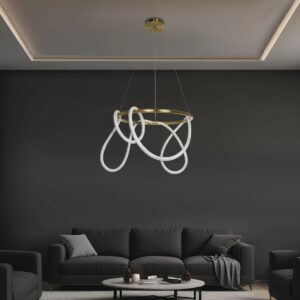 kelvo® GLOW 61659 Μοντέρνο Κρεμαστό Φωτιστικό Οροφής LED 58W 5800lm 360° AC 220-240V IP20 Ρυθμιζόμενο Λευκό CCT με Χειριστήριο από 2700K έως 6000K Dimmable – Lumileds SMD Chip – Χρυσό Πλατίνα & Λευκό Νήμα – Μ80 x Π80 x Υ60cm – 3 Χρόνια Εγγύηση