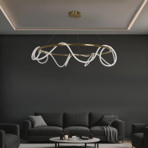 kelvo® GLOW 61661 Μοντέρνο Κρεμαστό Φωτιστικό Οροφής LED 100W 10000lm 360° AC 220-240V IP20 Ρυθμιζόμενο Λευκό CCT με Χειριστήριο από 2700K έως 6000K Dimmable – Lumileds SMD Chip – Χρυσό Πλατίνα & Λευκό Νήμα – Μ150 x Π150 x Υ100cm – 3 Χρόνια Εγγύηση