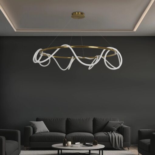 kelvo® GLOW 61661 Μοντέρνο Κρεμαστό Φωτιστικό Οροφής LED 100W 10000lm 360° AC 220-240V IP20 Ρυθμιζόμενο Λευκό CCT με Χειριστήριο από 2700K έως 6000K Dimmable – Lumileds SMD Chip – Χρυσό Πλατίνα & Λευκό Νήμα – Μ150 x Π150 x Υ100cm – 3 Χρόνια Εγγύηση