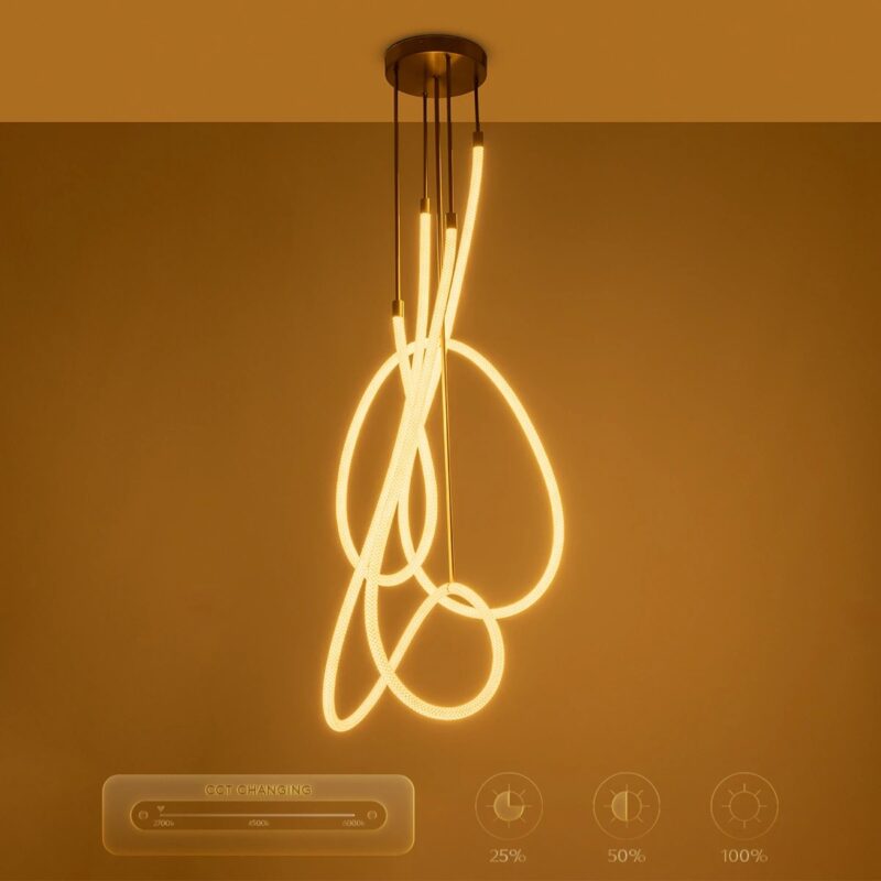 kelvo® GLOW 61671 Μοντέρνο Φωτιστικό Οροφής LED 85W 8500lm 360° AC 220-240V IP20 Ρυθμιζόμενο Λευκό CCT με Χειριστήριο από 2700K έως 6000K Dimmable – Lumileds SMD Chip – Χρυσό Πλατίνα & Λευκό Νήμα – Μ100 x Π100 x Υ140cm – 3 Χρόνια Εγγύηση