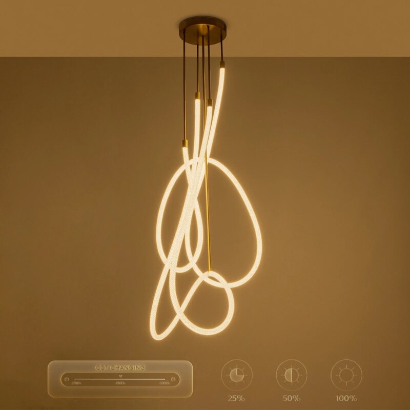 kelvo® GLOW 61671 Μοντέρνο Φωτιστικό Οροφής LED 85W 8500lm 360° AC 220-240V IP20 Ρυθμιζόμενο Λευκό CCT με Χειριστήριο από 2700K έως 6000K Dimmable – Lumileds SMD Chip – Χρυσό Πλατίνα & Λευκό Νήμα – Μ100 x Π100 x Υ140cm – 3 Χρόνια Εγγύηση