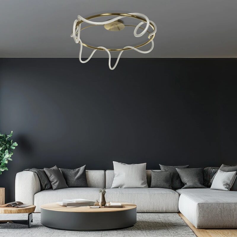 kelvo® GLOW 61674 Μοντέρνο Φωτιστικό Οροφής LED 65W 6500lm 360° AC 220-240V IP20 Ρυθμιζόμενο Λευκό CCT με Χειριστήριο από 2700K έως 6000K Dimmable – Lumileds SMD Chip – Χρυσό Πλατίνα & Λευκό Νήμα – Μ100 x Π100 x Υ30cm – 3 Χρόνια Εγγύηση