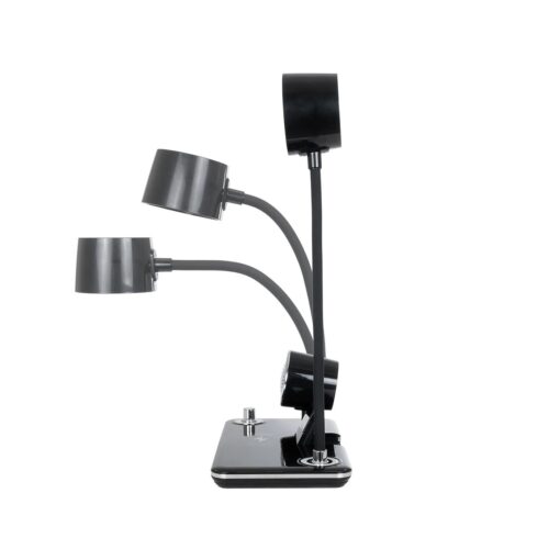 GLOBOSTAR® OLDY 76563 Μοντέρνο Επιτραπέζιο Φωτιστικό Γραφείου με Ασύρματη Φόρτιση 15W 3A, 5W Bluetooth Ηχείο & Ψηφιακό Ρολόι LED 3W 300lm 120° DC 5V με USB-C IP20 Ρυθμιζόμενο Λευκό CCT με Αφή 2700K/4500K/6000K Dimmable – Sanan SMD Chip – Μαύρο – Μ13 x Π25 x Υ43cm – 2 Χρόνια Εγγύηση