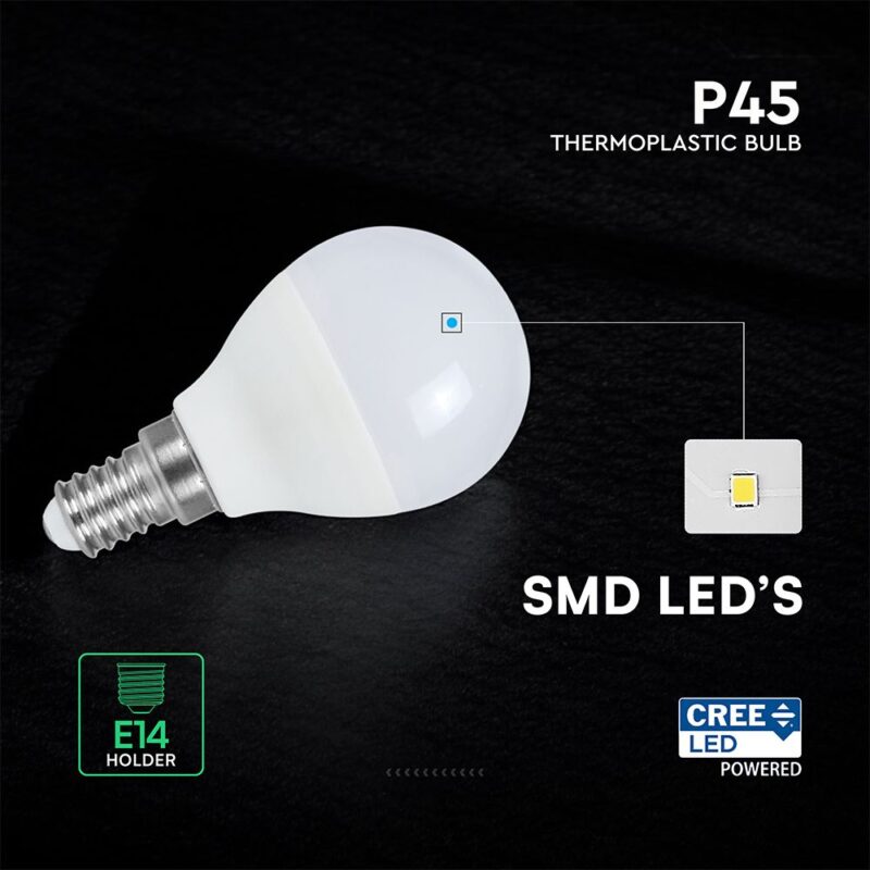 LED Λάμπα E14 Γλομπάκι P45 V-TAC Cree Chip 6.5W 600lm Θερμό Λευκό 3000K 6yrs Wty – 218656