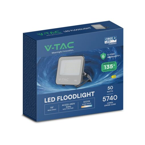 LED Προβολέας 50W Αδιάβροχος IP65 V-TAC Cree Chip Μαύρος 115° 5740lm Θερμό Λευκό 3000K 6yrs Wty – 231996