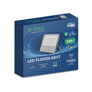 LED Προβολέας 100W Αδιάβροχος IP65 V-TAC Cree Chip Μαύρος 115° 11480lm Φυσικό Λευκό 4000K 6yrs Wty – 232186