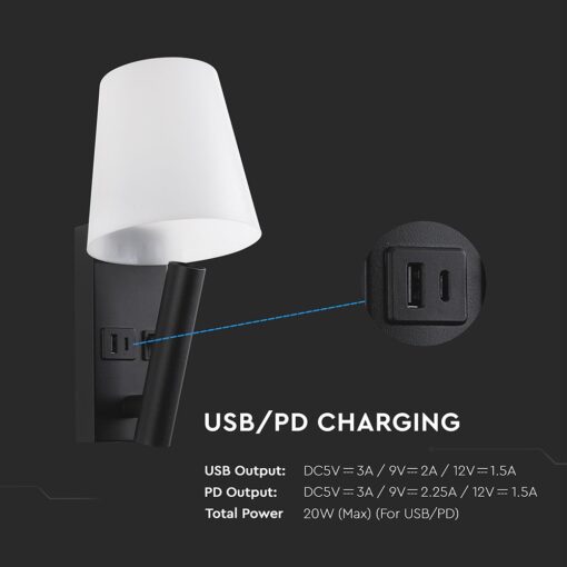 Φωτιστικό Τοίχου Κρεβατιού Ξενοδοχείου 2W LED CREE Chip Μαύρο Σώμα με Θύρες Φόρτισης USB 3000K  V-TAC – 240016