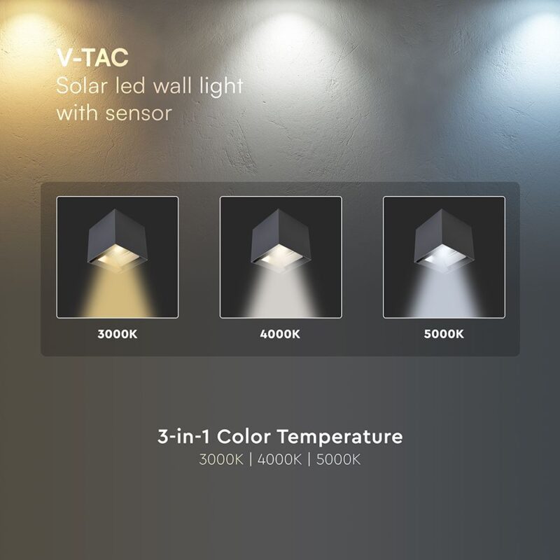 Ηλιακό Φωτιστικό Τοίχου 3W LED CCT Aνθρακί IP65 V-TAC – 24089