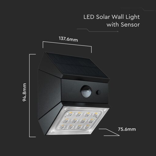 2.5W LED Ηλιακό Φωτιστικό Τοίχου Περιστρεφόμενο Μαύρο με Ανιχνευτή Κίνησης CCT IP65 V-TAC – 24096