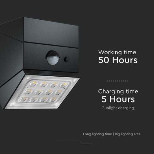 2.5W LED Ηλιακό Φωτιστικό Τοίχου Περιστρεφόμενο Μαύρο με Ανιχνευτή Κίνησης CCT IP65 V-TAC – 24096