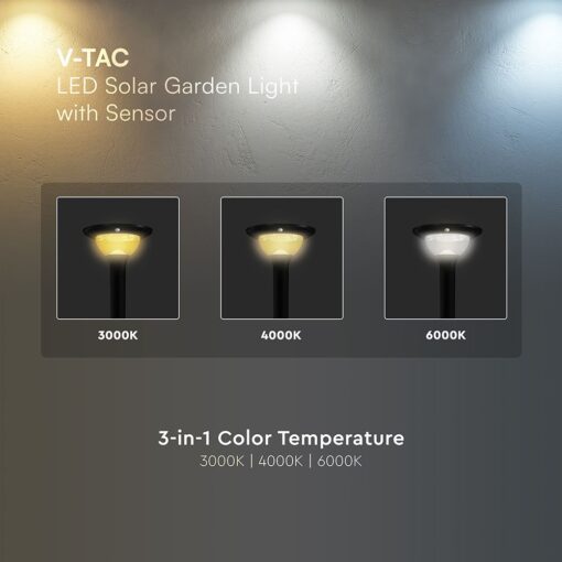 15W LED Ηλιακό Φωτιστικό Κορυφής για Κολωνάκι Φ60 Κήπου CCT Μαύρο IP65 με Ανιχνευτή Κίνησης V-TAC – 24098