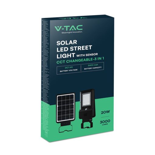 20W LED Ηλιακό Φωτιστικό Δρόμου 3000lm CCT Μαύρο IP65 με Ανιχνευτή Κίνησης & Αισθητήρας Φωτός V-TAC – 24099