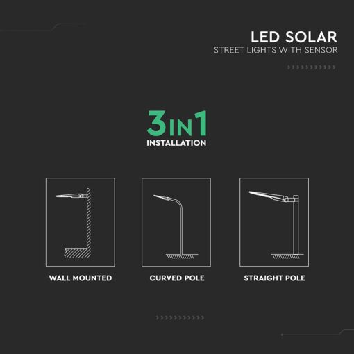 20W LED Ηλιακό Φωτιστικό Δρόμου 3000lm CCT Μαύρο IP65 με Ανιχνευτή Κίνησης & Αισθητήρας Φωτός V-TAC – 24099