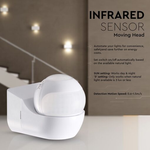 Επιτοίχιος Aνιχνευτής Kίνησης 180°/360° – IP44 Max 600W Λευκός V-TAC 24110VT