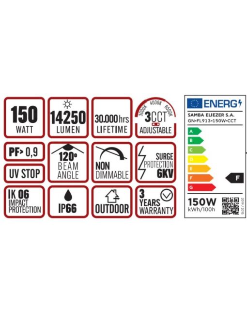 ΠΡΟΒΟΛΕΑΣ LED DOB 150W 3CCT(3000/4000/6500K) 180-265V 14250m 120° IP66 ΑΝΘΡΑΚΙ UNIVERSE UNIVERSE – 1-U016070