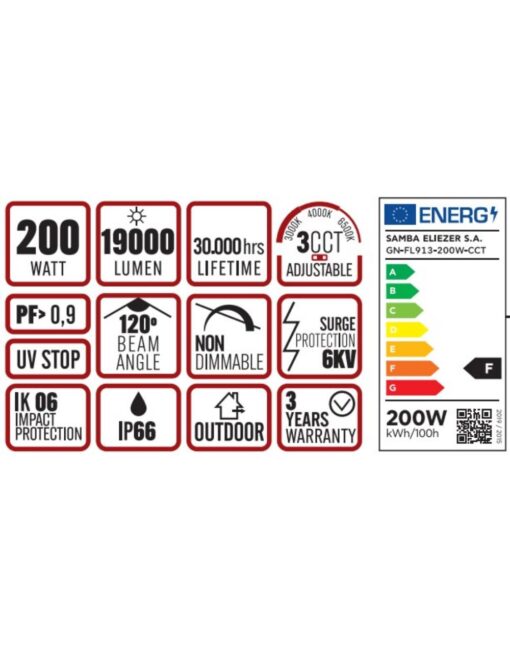 ΠΡΟΒΟΛΕΑΣ LED DOB 200W 3CCT(3000/4000/6500K) 180-265V 19000m 120° IP66 ΑΝΘΡΑΚΙ UNIVERSE UNIVERSE – 1-U016087