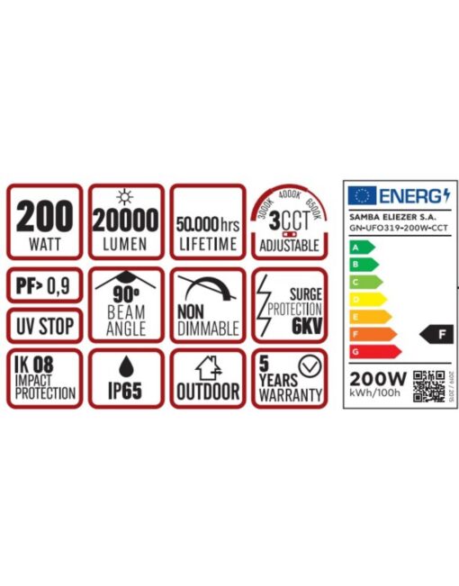 ΚΑΜΠΑΝΑ LED SMD PROFESSIONAL 200W 3CCT(3000/4000/6500K) 100-300V 20000lm 90° IP65 ΑΝΘΡΑΚΙ UNIVERSE UNIVERSE – 1-U016155