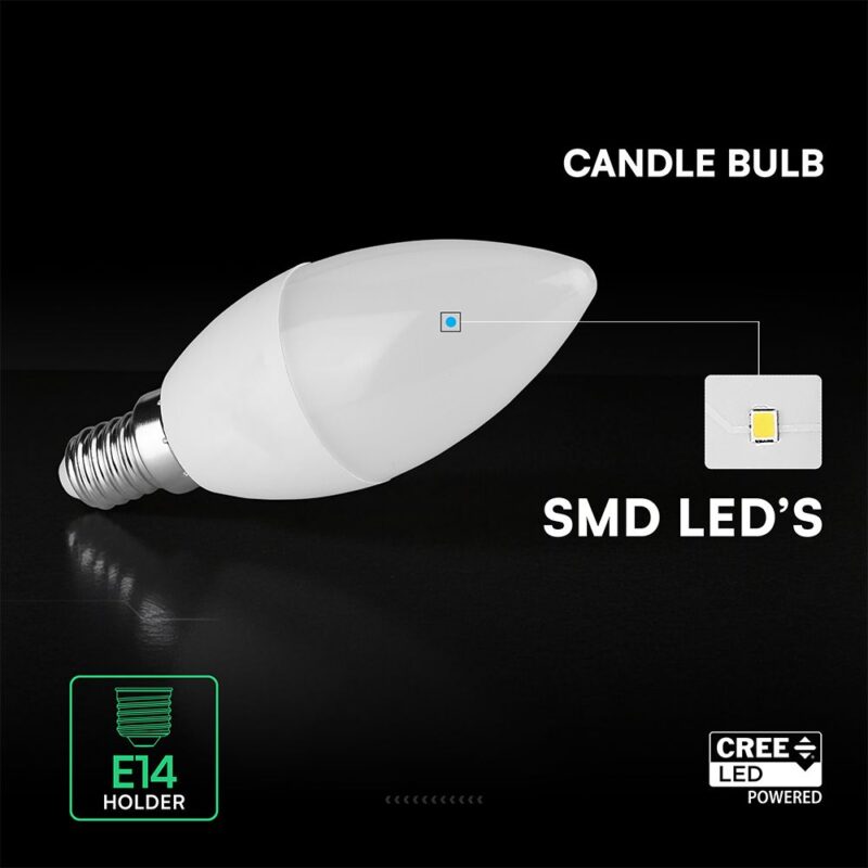 LED Λάμπα E14 6.5W Κεράκι V-TAC Cree Chip 200° 600lm 3000K 6yrs Wty – 2111116