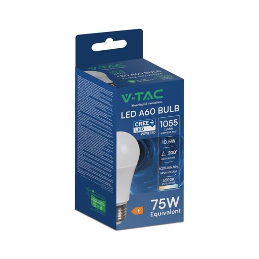 LED Λάμπα E27 A60 10.5W V-TAC Cree Chip 1055lm 200° Ψυχρό Λευκό 6400K 6yrs Wty – 2173516