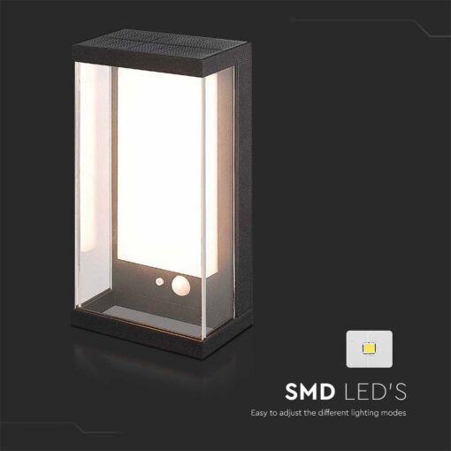 Ηλιακό Φωτιστικό Τοίχου LED 1W Μαύρο Θερμό 3000K με Ανιχνευτή Κίνησης IP54 V-TAC – 23032
