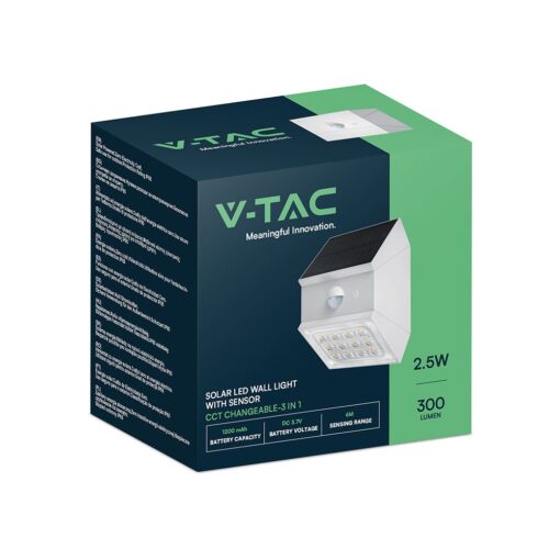 2.5W LED Ηλιακό Φωτιστικό Τοίχου Λευκό με Ανιχνευτή Κίνησης CCT  IP65 V-TAC – 24097