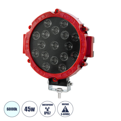 GloboStar® 85422 Vehicle & Forklift Work Lights – Φώτα Εργασίας για Οχήματα Περονοφόρα – Κλάρκ LED 45W DC 9-80V Αδιάβροχο IP67 Μαύρο Κόκκινο Μ20 x Π18 x Υ5cm