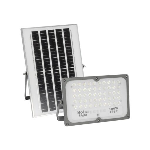 GLOBOSTAR® LUMOVOX 73067 Προβολέας LED 100W 5000lm 120° DC 5V με Φωτοβολταϊκό Panel 5V 8W & Επαναφορτιζόμενη Μπαταρία Li-ion 3.2V 5000mAh Αδιάβροχο IP67 Ψυχρό Λευκό 6000K – 120 x SMD2835 Sanan Chip – Γκρι Ανθρακί – Μ25 x Π5.5 x Υ17.5cm – 2 Χρόνια Εγγύηση