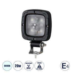 GloboStar® 85427 E4 Mark Vehicle & Forklift Work Lights – Φώτα Εργασίας για Οχήματα Περονοφόρα – Κλάρκ LED 20W DC 10-30V Αδιάβροχο IP67 Ψυχρό Λευκό 6000K Μ14 x Π9.5 x Υ3cm