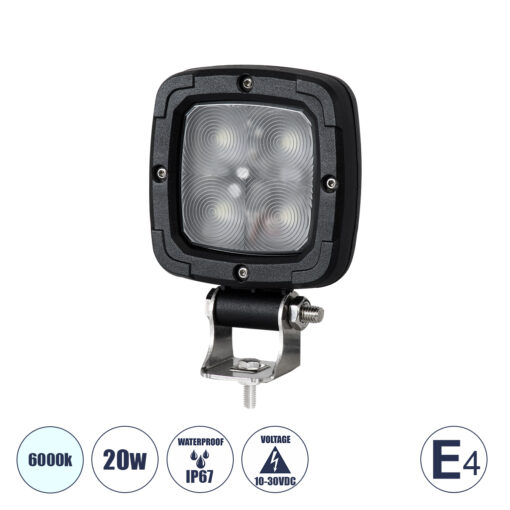 GloboStar® 85427 E4 Mark Vehicle & Forklift Work Lights – Φώτα Εργασίας για Οχήματα Περονοφόρα – Κλάρκ LED 20W DC 10-30V Αδιάβροχο IP67 Ψυχρό Λευκό 6000K Μ14 x Π9.5 x Υ3cm