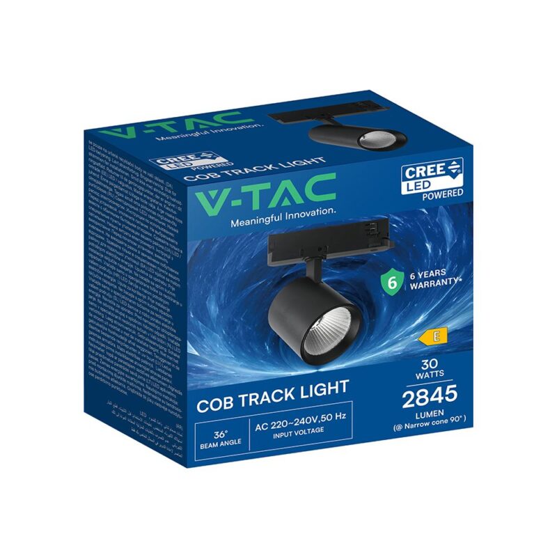 30W LED COB Σποτ Ράγας 4 Καλωδίων V-TAC Cree Chip 2845lm 6400K Μαύρο 6yrs Wty V-TAC 241606VT