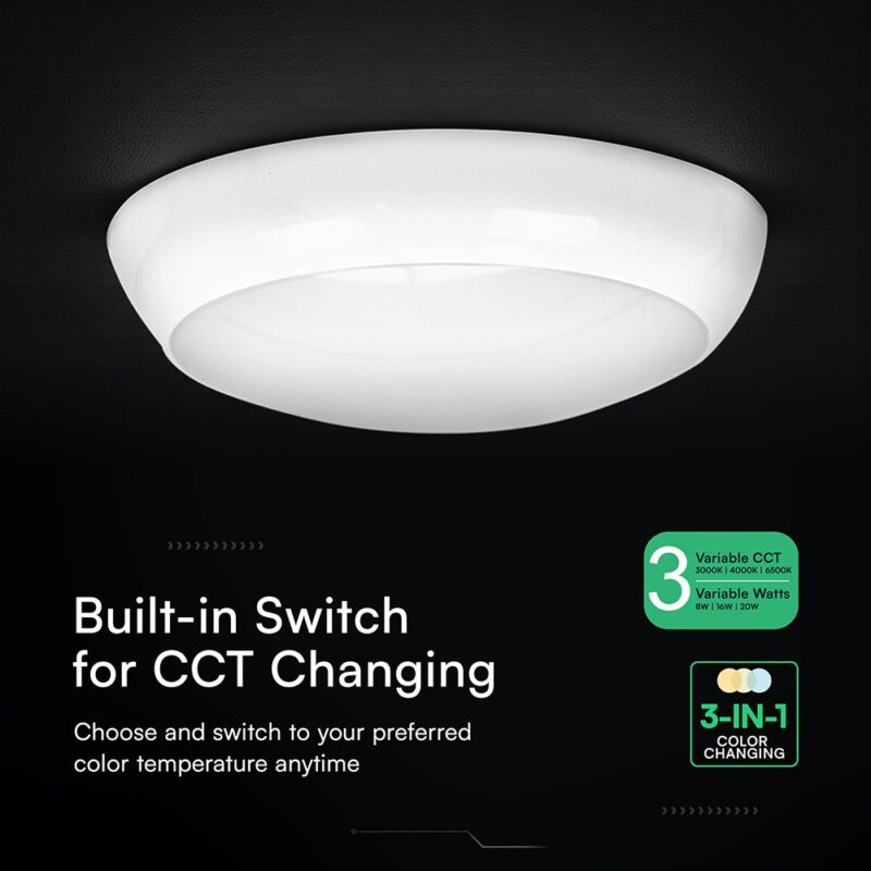 Πλαφονιέρα LED Στρογγυλή / Φωτιστικό Ασφαλείας 3hrs Φ320 Λευκή V-TAC CREE Chip 8W/16W/20W CCT 2700lm IP65 με  6yrs Wty – 812-24-6