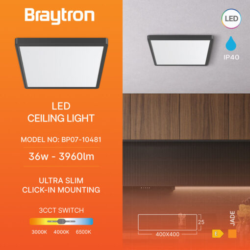 Πλαφονιέρα “Jade” slim 26W CCT Μαύρο 40×40 Braytron – BP07-10481