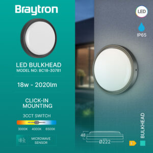 Απλίκα led “Bulkhead” 18w IP65 2020lm CCT, με ανίχνευση κίνησης Μαύρη Braytron – BC18-30781