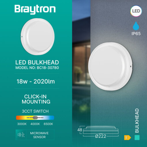Απλίκα led “Bulkhead” 18w IP65 2020lm CCT, με ανίχνευση κίνησης Λευκή Braytron – BC18-30780