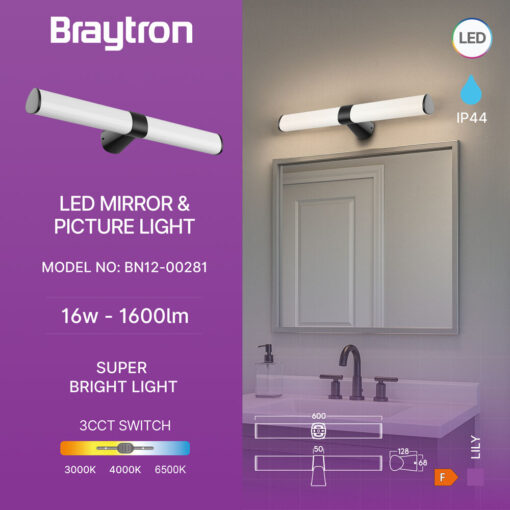Φωτιστικό καθρέπτου “Lily” IP44 3CCT 16w 1600lm Μαύρο Braytron – BN12-00281