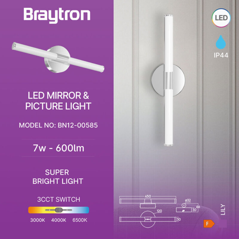 Φωτιστικό καθρέπτου “Lily” IP44 3CCT 7w 600lm Χρώμιο Braytron – BN12-00585