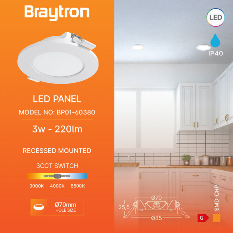 Φωτιστικό πάνελ 3W 220lm 3CCT Braytron – BP01-60380