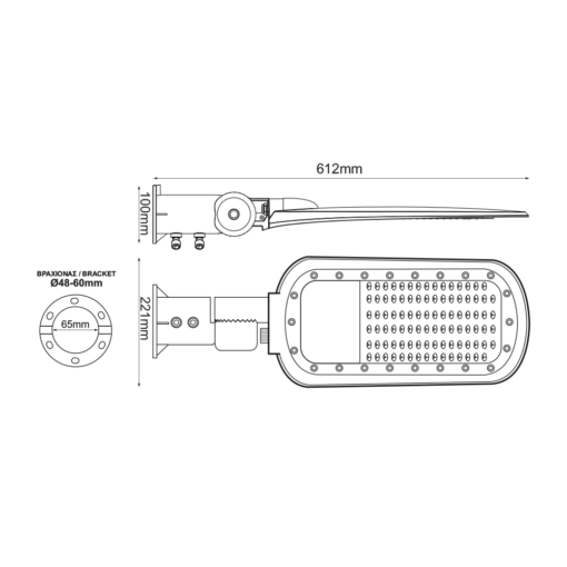 LED STREET LUMINAIRE 100W 12000LM 2200K 140×90˚ CLASS I 230V AC IP66 ACA – NORD10022