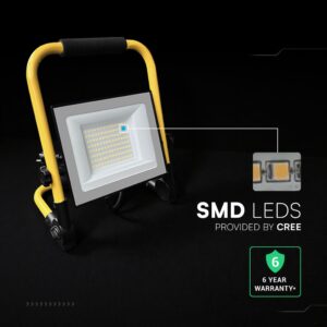 LED Προβολέας Εργασίας 50W V-TAC Cree Chip Μαύρος με Κίτρινη Βάση IP65 5000lm Φυσικό 4000K 3m Καλώδιο 6yrs Wty – 242186VT