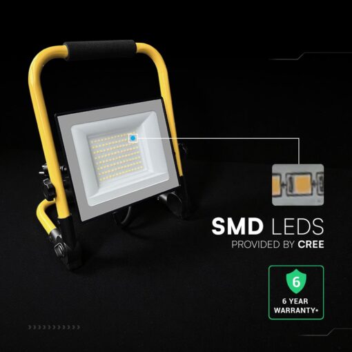 LED Προβολέας Εργασίας 50W V-TAC Cree Chip Μαύρος με Κίτρινη Βάση IP65 5000lm Φυσικό 4000K 3m Καλώδιο 6yrs Wty – 242186VT