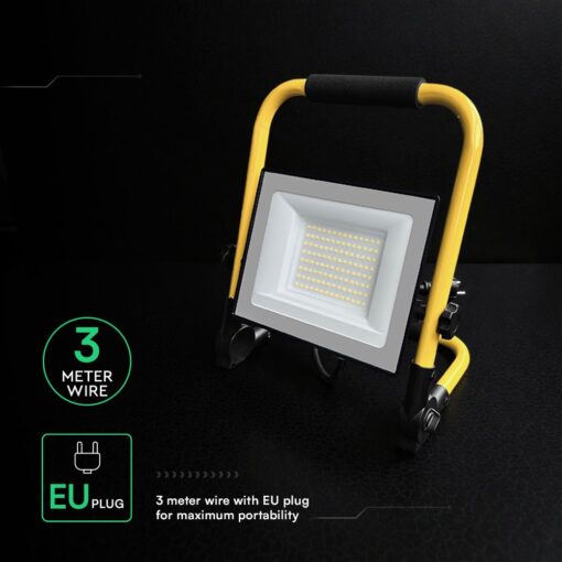 LED Προβολέας Εργασίας 50W V-TAC Cree Chip Μαύρος με Κίτρινη Βάση IP65 5000lm Φυσικό 4000K 3m Καλώδιο 6yrs Wty – 242186VT