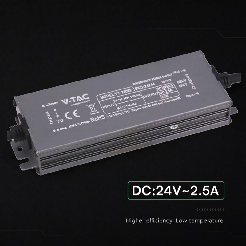 Τροφοδοτικό V-TAC για LED 60W 24V 12.5A IP67 Αδιάβροχο Μεταλλικό 24244VT